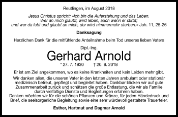 Anzeige von Gerhard Arnold von Reutlinger General-Anzeiger