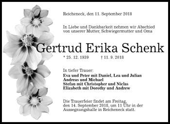 Anzeige von Gertrud Erika Schenk von Reutlinger General-Anzeiger