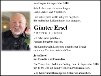 Anzeige von Günter Ersel von Reutlinger General-Anzeiger