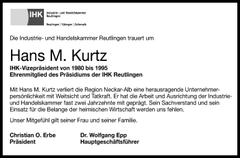 Anzeige von Hans M. Kurtz von Reutlinger General-Anzeiger