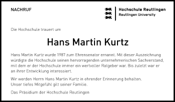 Anzeige von Hans Martin Kurtz von Reutlinger General-Anzeiger