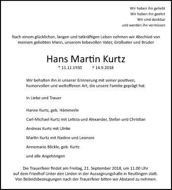 Anzeige von Hans Martin Kurtz von Reutlinger General-Anzeiger