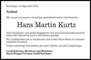 Anzeige von Hans Martin Kurtz von Reutlinger General-Anzeiger