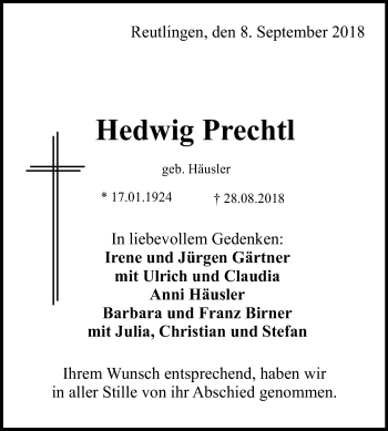 Anzeige von Hedwig Prechtl von Reutlinger General-Anzeiger