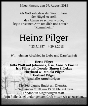 Anzeige von Heinz Pilger von Reutlinger General-Anzeiger