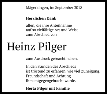 Anzeige von Heinz Pilger von Reutlinger General-Anzeiger