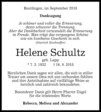 Anzeige von Helene Schultz von Reutlinger General-Anzeiger