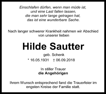 Anzeige von Hilde Sautter von Reutlinger General-Anzeiger