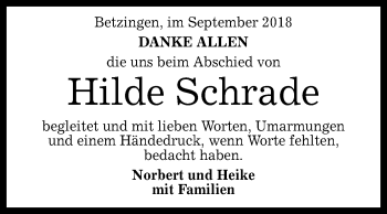 Anzeige von Hilde Schrade von Reutlinger General-Anzeiger