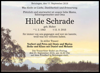 Anzeige von Hilde Schrade von Reutlinger General-Anzeiger