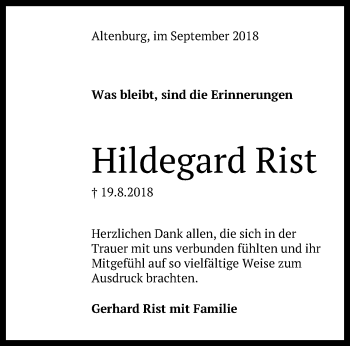 Anzeige von Hildegard Rist von Reutlinger General-Anzeiger