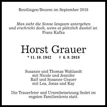 Anzeige von Horst grauer von Reutlinger General-Anzeiger
