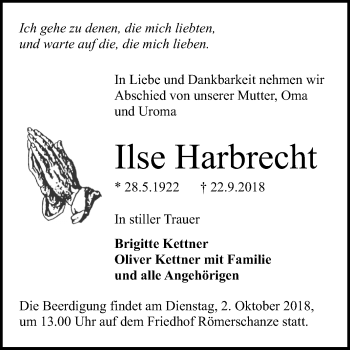 Anzeige von Ilse Harbrecht von Reutlinger General-Anzeiger