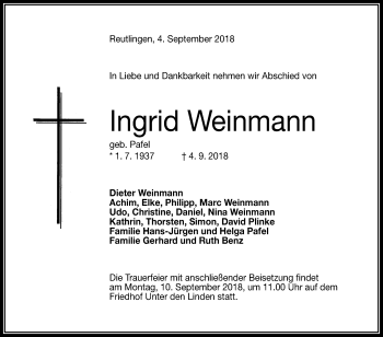 Anzeige von Ingrid Weinmann von Reutlinger General-Anzeiger