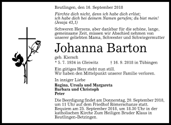 Anzeige von Johanna Barton von Reutlinger General-Anzeiger