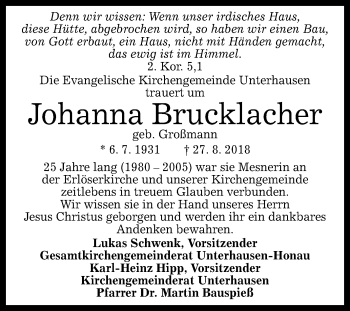 Anzeige von Johanna Brucklacher von Reutlinger General-Anzeiger