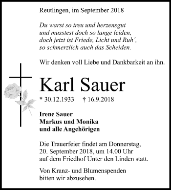 Anzeige von Karl Sauer von Reutlinger General-Anzeiger