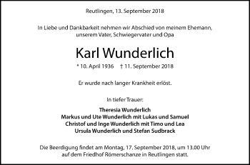 Anzeige von Karl Wunderlich von Reutlinger General-Anzeiger