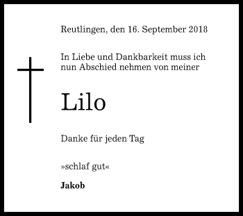 Anzeige von Lilo  von Reutlinger General-Anzeiger