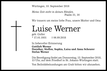 Anzeige von Luise Werner von Reutlinger General-Anzeiger