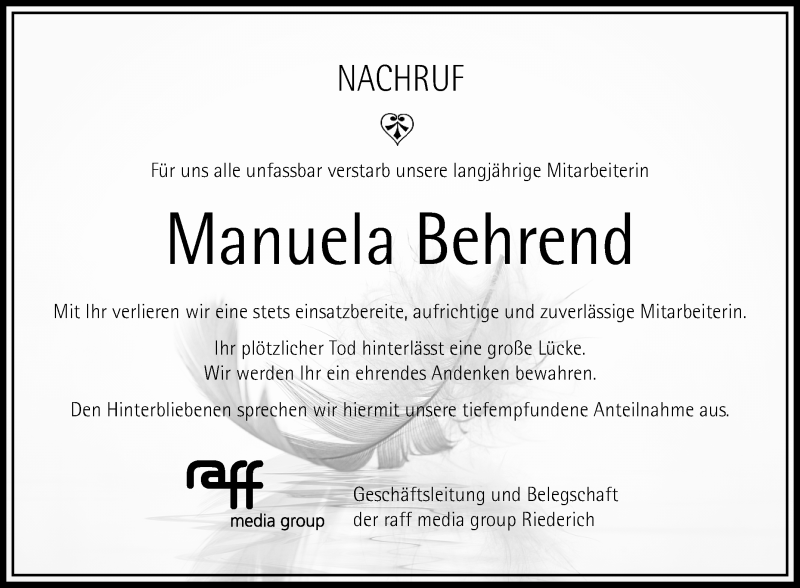  Traueranzeige für Manuela Behrend vom 22.09.2018 aus Reutlinger General-Anzeiger