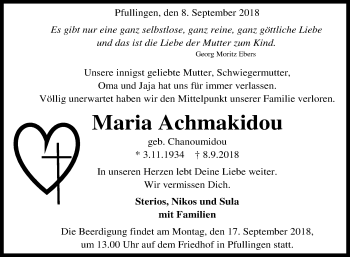 Anzeige von Maria Achmakidou von Reutlinger General-Anzeiger