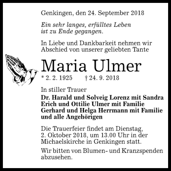 Anzeige von Maria Ulmer von Reutlinger General-Anzeiger