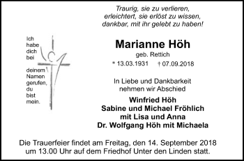 Anzeige von Marianne Höh von Reutlinger General-Anzeiger