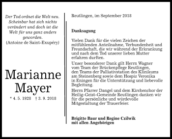 Anzeige von Marianne Mayer von Reutlinger General-Anzeiger