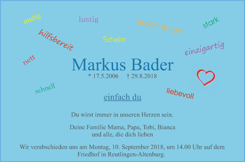 Traueranzeige für Markus Bader vom 06.09.2018 aus Reutlinger General-Anzeiger