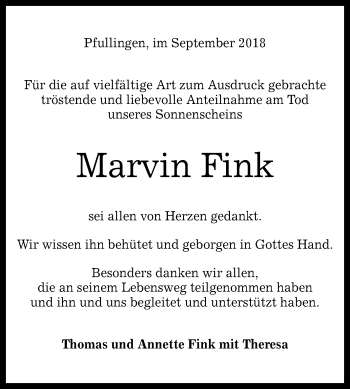 Anzeige von Marvin Fink von Reutlinger General-Anzeiger