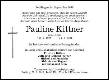 Anzeige von Pauline Kittner von Reutlinger General-Anzeiger