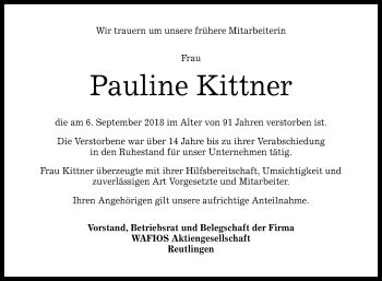 Anzeige von Pauline Kittner von Reutlinger General-Anzeiger