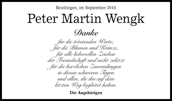 Anzeige von Peter Martin Wengk von Reutlinger General-Anzeiger