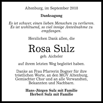 Anzeige von Rosa Sulz von Reutlinger General-Anzeiger