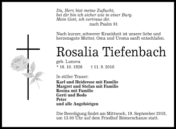 Anzeige von Rosalia Tiefenbach von Reutlinger General-Anzeiger