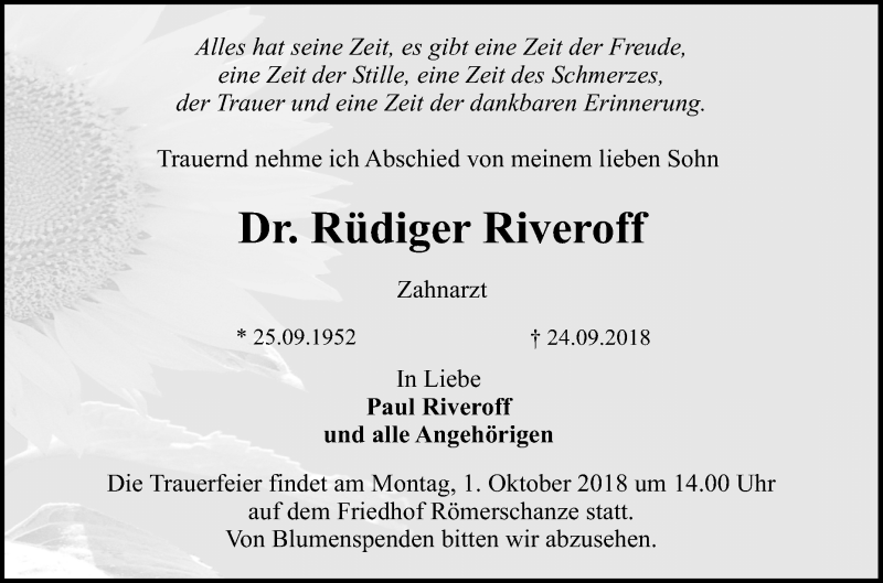  Traueranzeige für Rüdiger Riveroff vom 28.09.2018 aus Reutlinger General-Anzeiger
