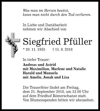 Anzeige von Siegfried Pfüller von Reutlinger General-Anzeiger
