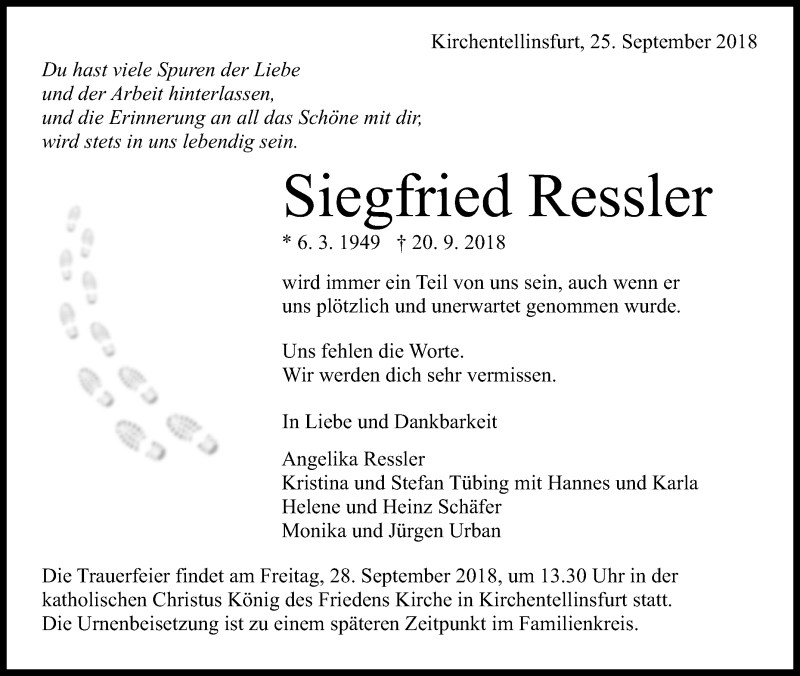  Traueranzeige für Siegfried Ressler vom 25.09.2018 aus Reutlinger General-Anzeiger