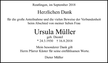 Anzeige von Ursula Müller von Reutlinger General-Anzeiger