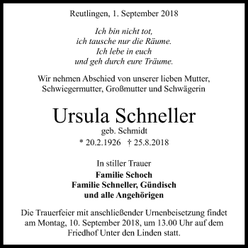 Anzeige von Ursula Schneller von Reutlinger General-Anzeiger