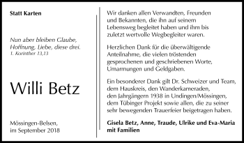 Anzeige von Willi Betz von Reutlinger General-Anzeiger