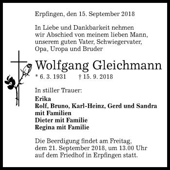 Anzeige von Wolfgang Gleichmann von Reutlinger General-Anzeiger