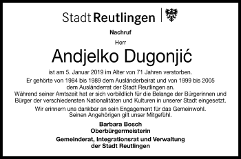 Anzeige von Andjelko Dugonjic von Reutlinger General-Anzeiger