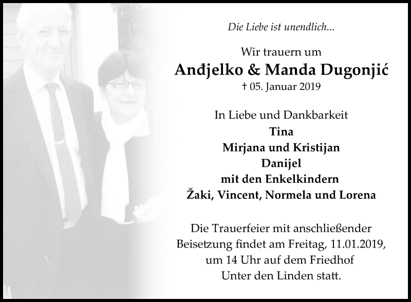  Traueranzeige für Andjelko und Manda Dugonjic vom 09.01.2019 aus Reutlinger General-Anzeiger