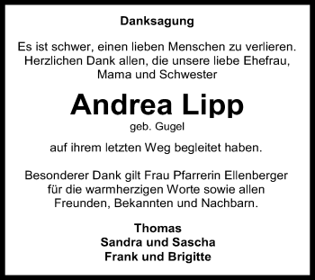 Anzeige von Andrea Lipp von Reutlinger General-Anzeiger