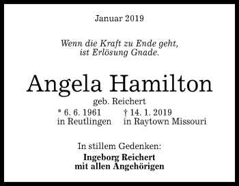 Anzeige von Angela Hamilton von Reutlinger General-Anzeiger