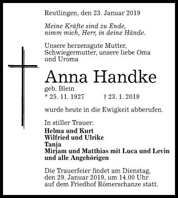 Anzeige von Anna Handke von Reutlinger General-Anzeiger