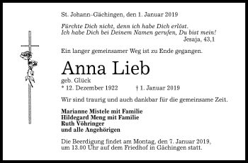 Anzeige von Anna Lieb von Reutlinger General-Anzeiger