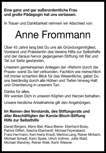 Anzeige von Anne Frommann von Reutlinger General-Anzeiger